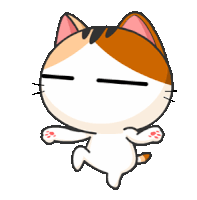 a cartoon calico cat with its eyes closed and its paws outstretched