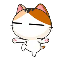 a cartoon calico cat with its eyes closed and its paws outstretched