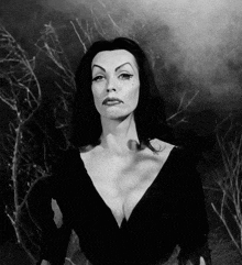 a woman in a black dress with a plunging neckline