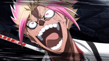a cartoon character with pink hair and white eyes is screaming in front of a sign that says ' rtel '