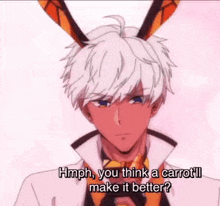 a man with white hair and orange bunny ears is talking to another man .