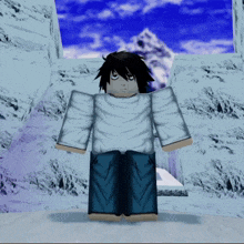 a cartoon character in a white shirt and blue shorts stands in front of a snowy mountain
