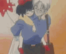 a man is holding a little girl in his arms in a blurry anime scene .