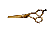 a pair of gold scissors with a black handle