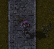 a purple robot is walking down a brick walkway