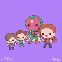 a group of cartoon characters are standing next to each other on a purple background with the word disney on the bottom