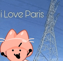 a cartoon cat is standing in front of a power tower and says " i love paris "