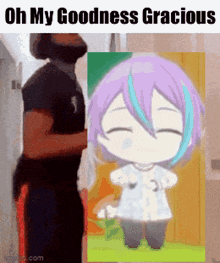 a man with a beard is standing next to a picture of a little girl with purple hair .