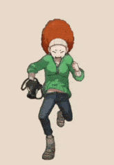 a cartoon character with red hair and a green jacket is holding a camera .