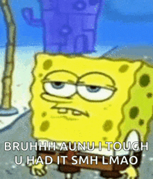 a cartoon of spongebob with the words bruhhh aunu i tough u had it smh lmao