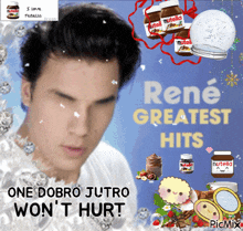 a poster for rené greatest hits shows a man and nutella