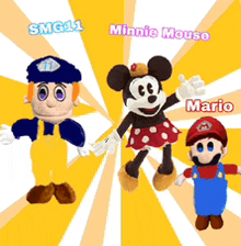 minnie mouse and mario are standing next to each other on a yellow background