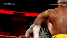 a man is wrestling another man in a wrestling ring on a television show .