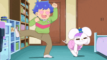 a cartoon of a boy kicking a mouse in a pink dress
