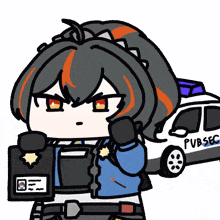 a cartoon character is standing next to a police car that says pubsec