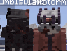 two minecraft characters are standing next to each other in front of a sign that says umoisullandmotorm