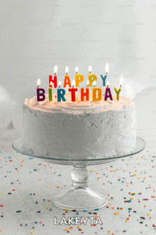 a cake with candles that say happy birthday