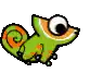 a green and orange cartoon chameleon with big eyes is sitting on a white surface .