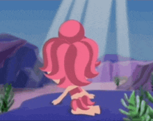 a cartoon girl with pink hair is swimming in the water .