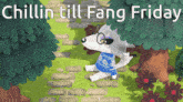 a dog wearing glasses and a blue sweater is laying on a path .