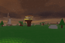 a giant monster is standing in a field with a windmill and trees in the background