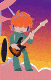 a cartoon character is playing a guitar in front of drums .