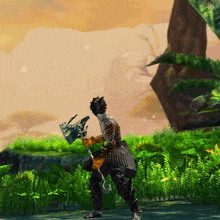 a video game character holding a large axe in a field