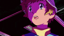 a close up of a cartoon character with a purple hat