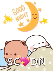 a couple of teddy bears laying in a bed with a crescent moon behind them and the words good night sc dn