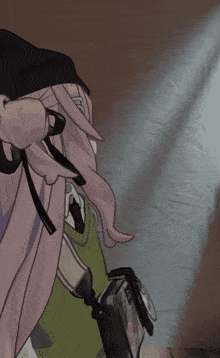 a drawing of a girl with pink hair and a black hat with the word chanel on it
