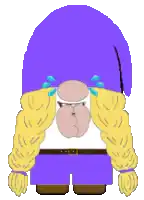 a pixel art of a gnome with a purple hat and yellow arms