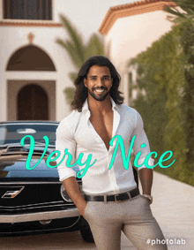 a man in a white shirt is standing in front of a black car with the words very nice written on the bottom