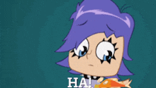a cartoon character with purple hair is making an angry face and says ha