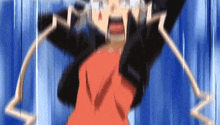 a blurry picture of a person in a red shirt and a black jacket with a blue background .