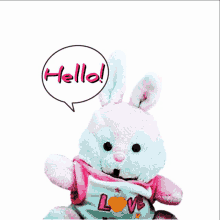 a stuffed bunny with a speech bubble that says hello on it