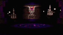 a dark room with a skull on the wall and a pentagram in the middle