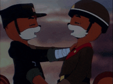 a couple of cartoon characters hugging each other with one wearing a helmet