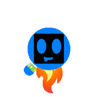 a blue circle with a black face and a green battery