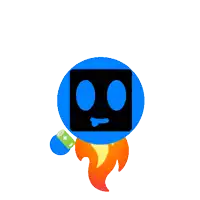 a blue circle with a black face and a green battery