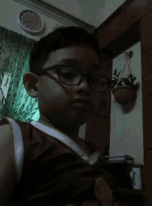 a young boy wearing glasses and a red shirt looks at the camera