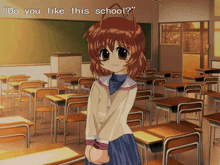 a girl in a classroom with the words do you like this school