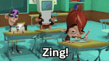 a cartoon character sitting at a desk with the word zing on the bottom