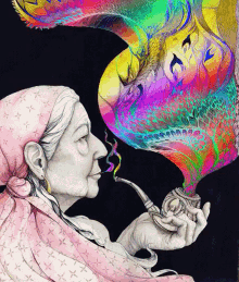a woman smoking a pipe with a colorful smoke coming out of her mouth