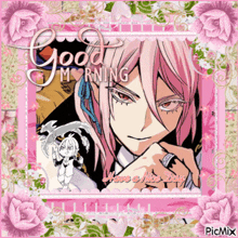 a picture of a man with pink hair and the words good morning