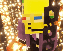 a minecraft character with a yellow head and a purple jacket is standing in front of a bunch of lights .