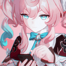 a girl with pink hair and blue eyes is holding a cellphone