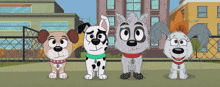 four cartoon dogs are standing next to each other in front of a building