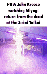 john kreese is watching miyagi return from the dead at the sekai taikai .