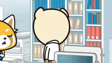 a cartoon of a cat and a bear standing in front of a bookshelf