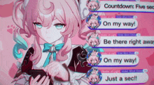a girl in a maid outfit is looking at her phone with a bunch of text messages behind her saying countdown five sec
